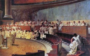Cicero accusing Cataline, Maccari Hall, Italian Senate (Public domain)