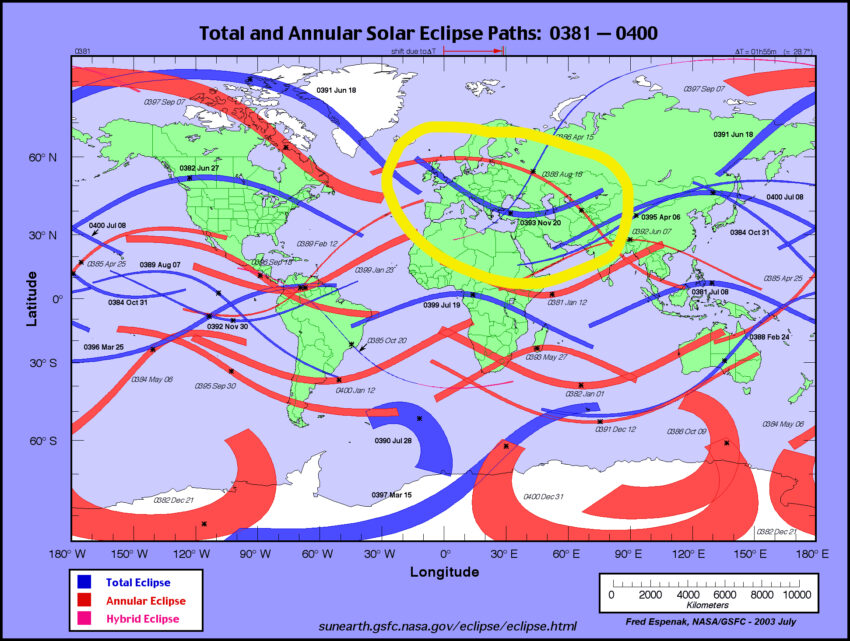 Map of eclipses AD 381-400